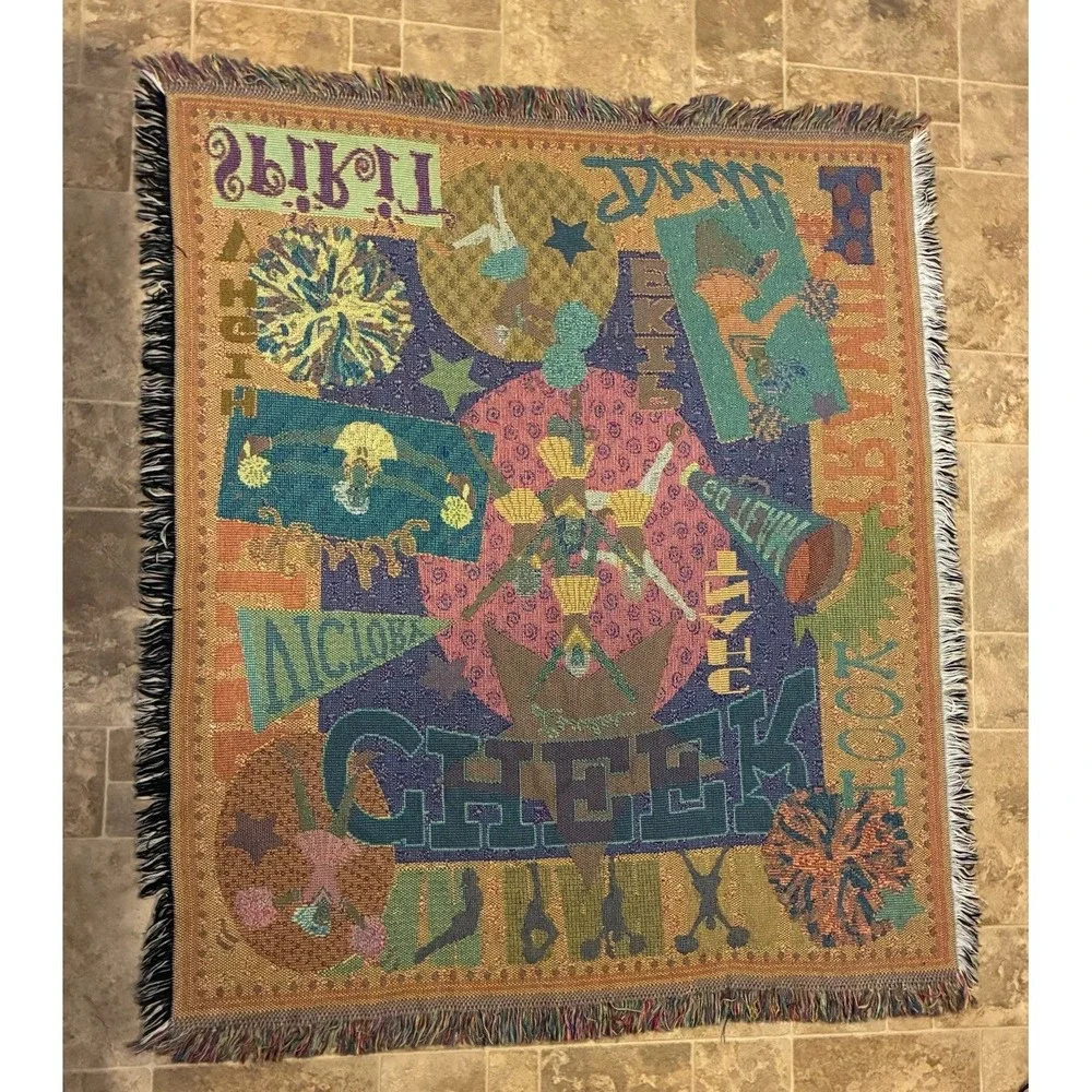 Vintage Cheerleader Woven Tapestry Throw Blanket Fringe‎ Colorful Sports Woven